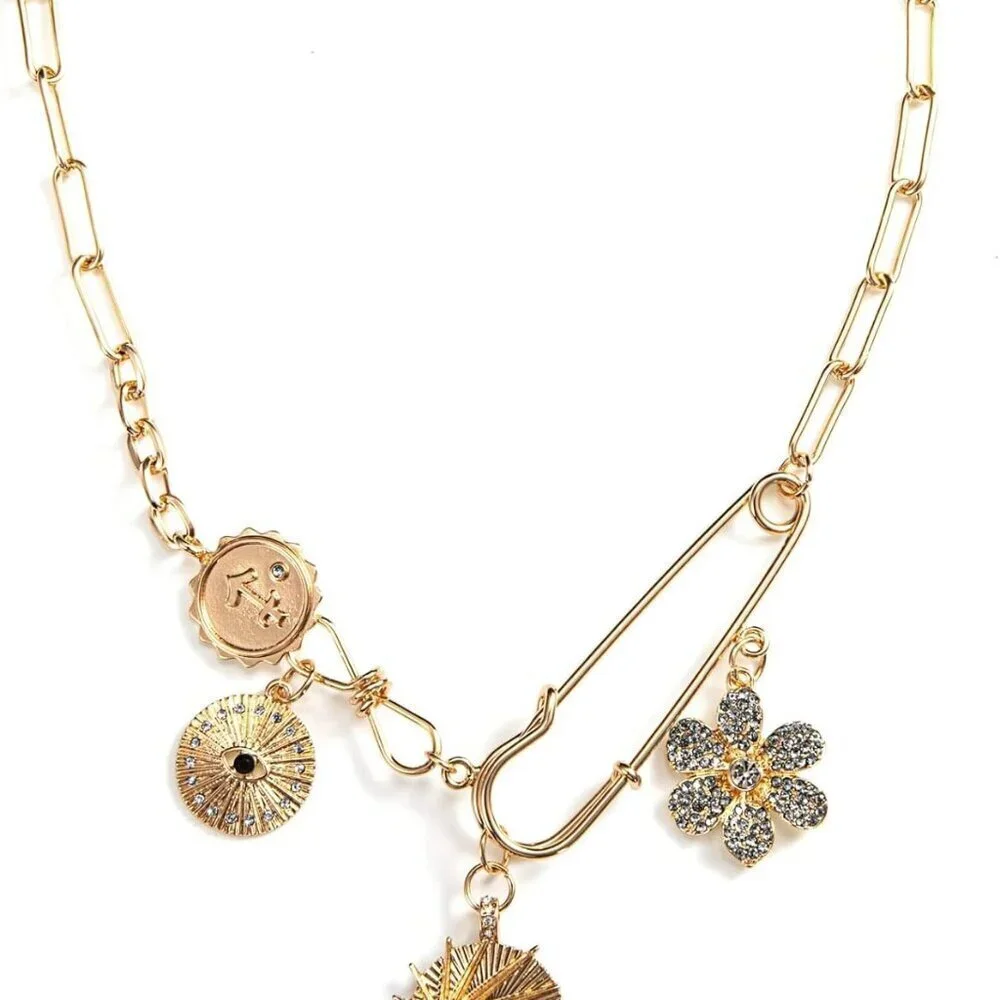 Gold Plated Boho Charm Necklace Women Handmade Evil Eye Sun Moon Star Gifts